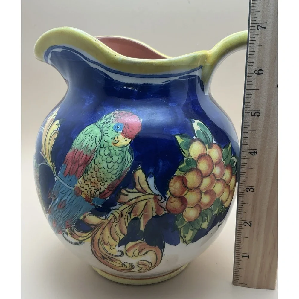 Vintage Maxcera Tropical Parrot Hand Painted Majolica-Style Water‎ Pitcher